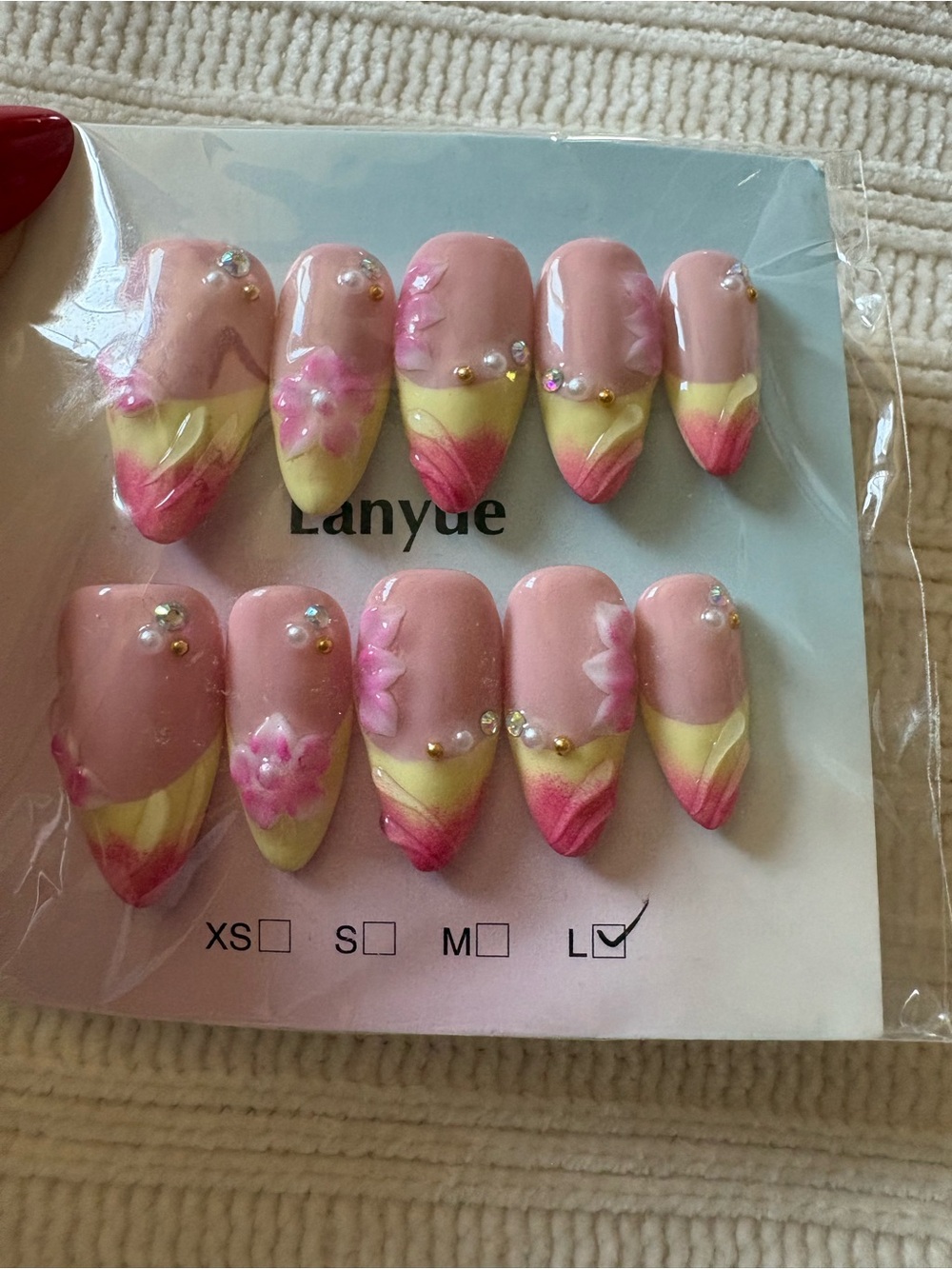 3D Pink Yellow Floral Press-On Nails Almond Size Large
